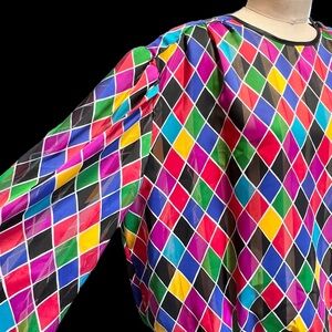 VINTAGE 80s bold rainbow diamond‎ long sleeve blouse top blouson elastic waist